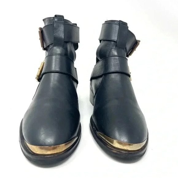 KG Kurt Geiger - Black Leather Moto Boots with Front Gold Caps - Picture 2 of 10